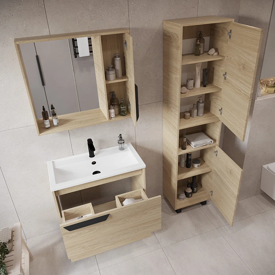 Тумба напольная Viant Кельн 80 с раковиной Фостер 80, два ящика, светлое дерево