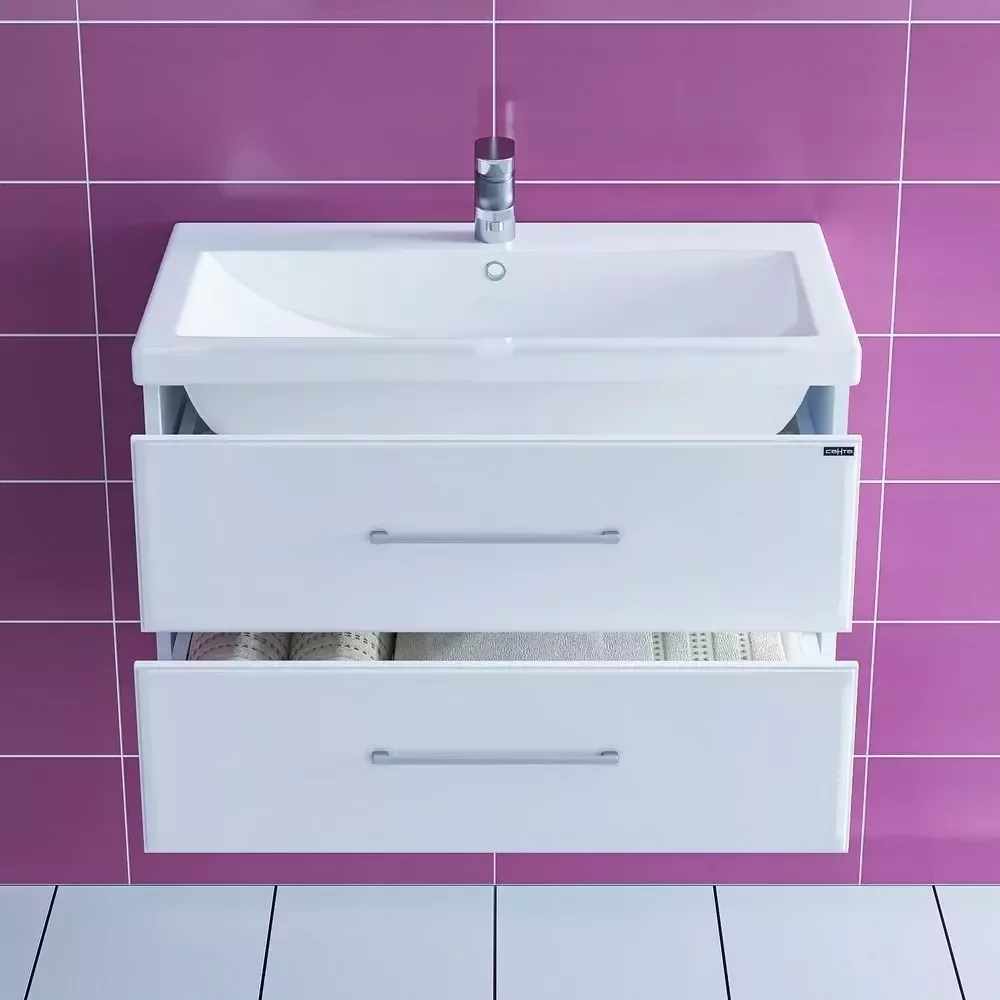 Тумба подвесная Санта Омега 80 с раковиной Фостер 80, 2 ящика, белая