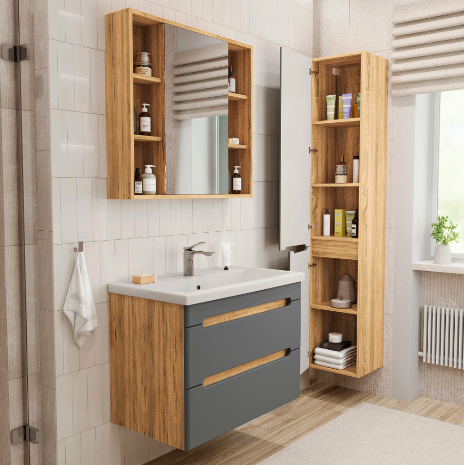 Тумба подвесная SanStar Diva 70 с раковиной Фостер 70, дуб вотан, графит софт