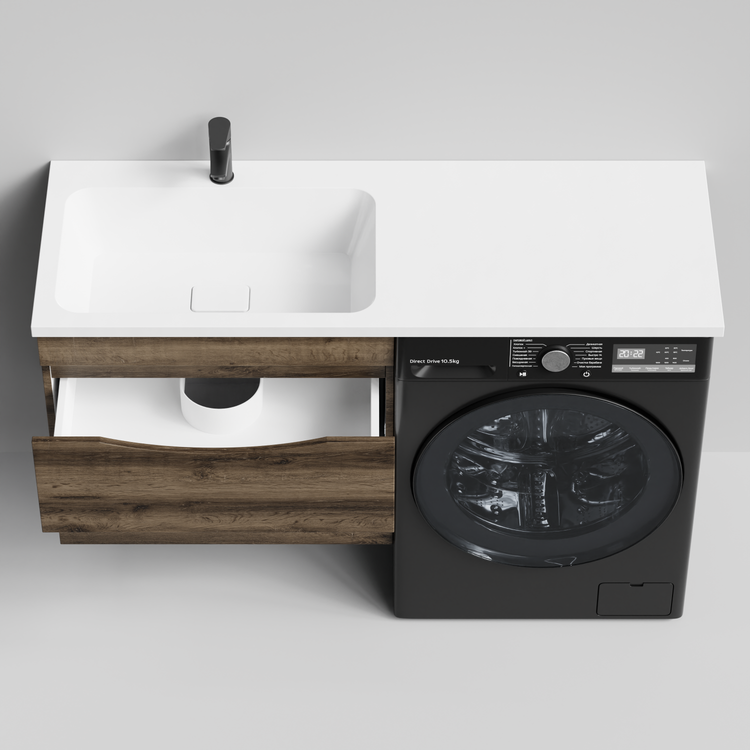 Тумба Vod-ok 68 с раковиной Смайл 130 подвесная, под стиральную машину, левая, Дуб крымский коричневый