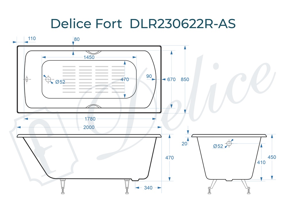 Ванна чугунная Delice Fort 200х85 DLR230622R-AS с отверстиями под ручки и антискользящим покрытием