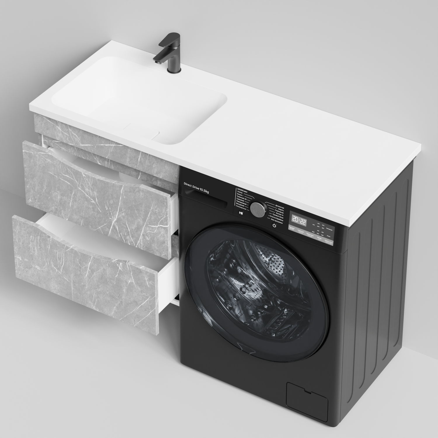 Тумба Vod-ok 58 с раковиной Смайл 120 подвесная, под стиральную машину, левая, Мрамор Белый софт тач