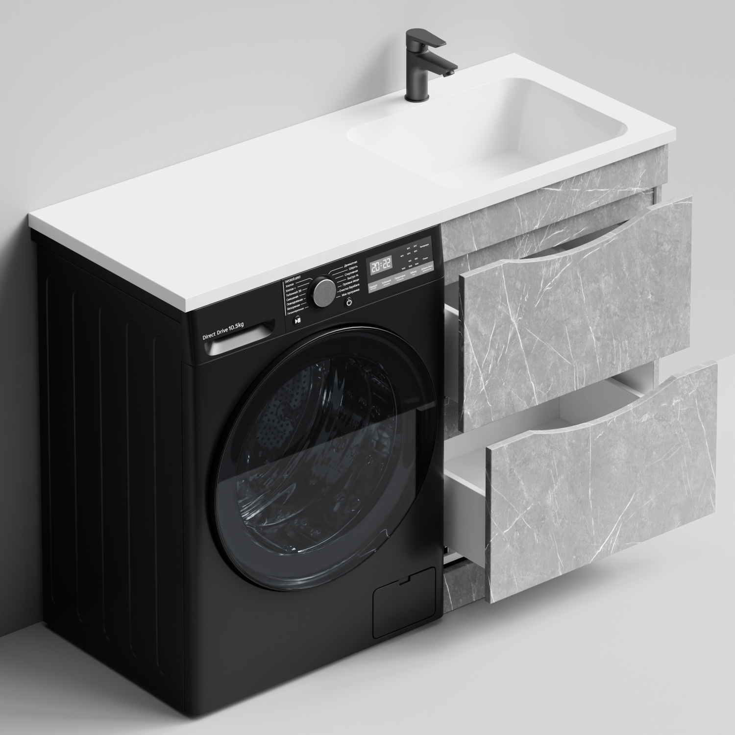 Тумба Vod-ok 58 с раковиной Смайл 120 напольная, под стиральную машину, правая, Мрамор Белый софт тач