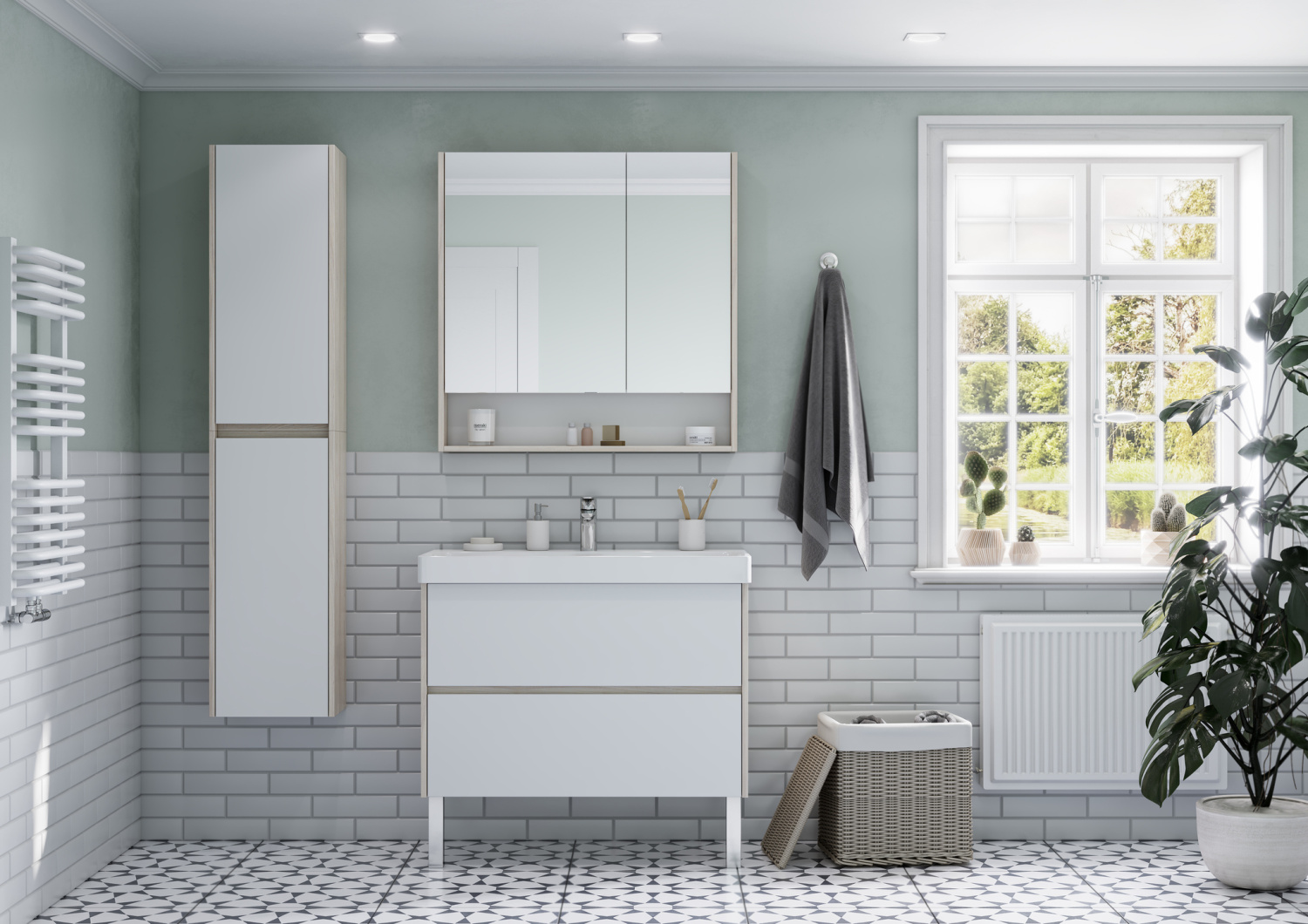 Тумба Aquaton Сканди 90 с раковиной Адриана 90, 2 ящика, подвесная, белый, дуб верона