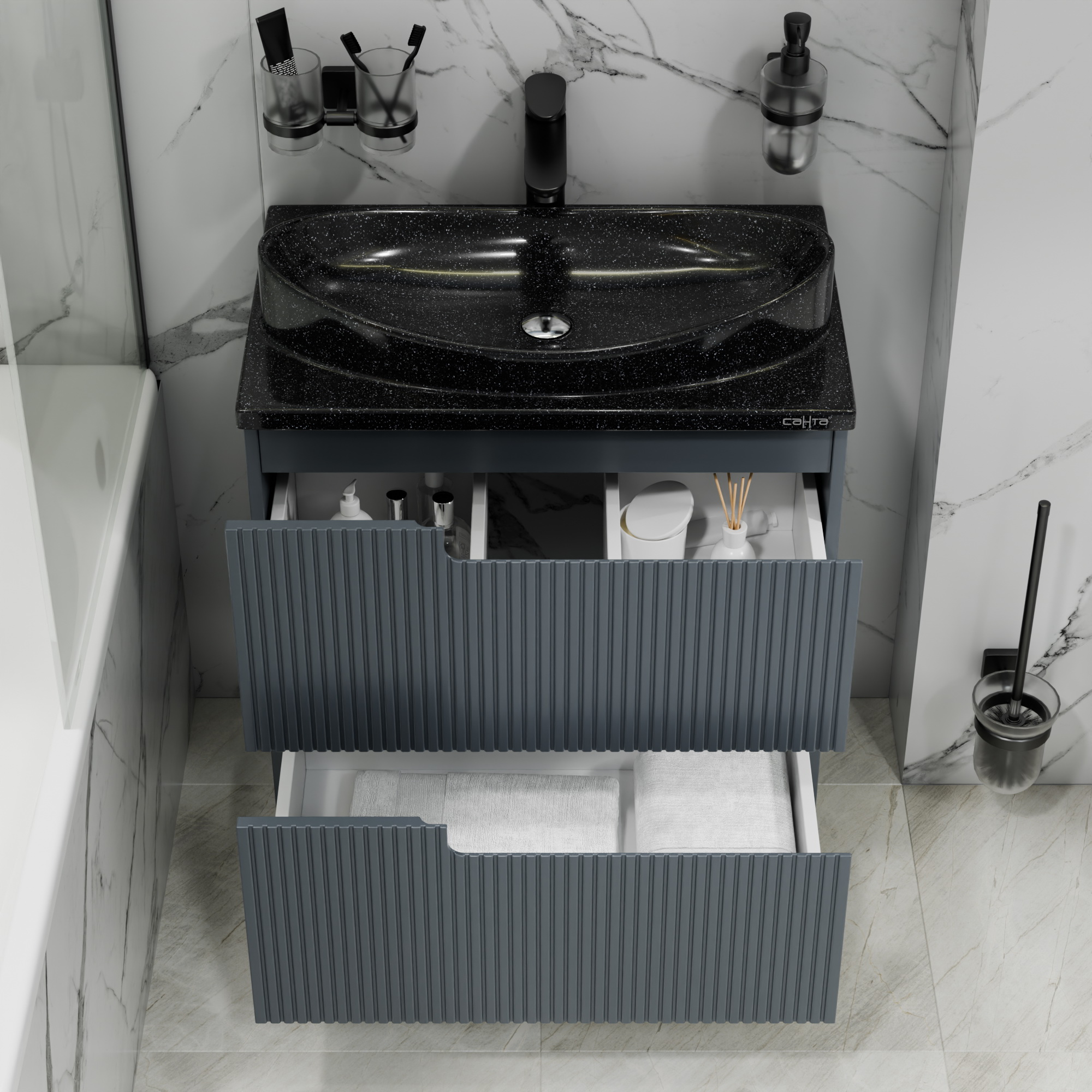 Тумба напольная Санта Альтаир 70 с раковиной Альтаир 70, 2 ящика, графит матовый