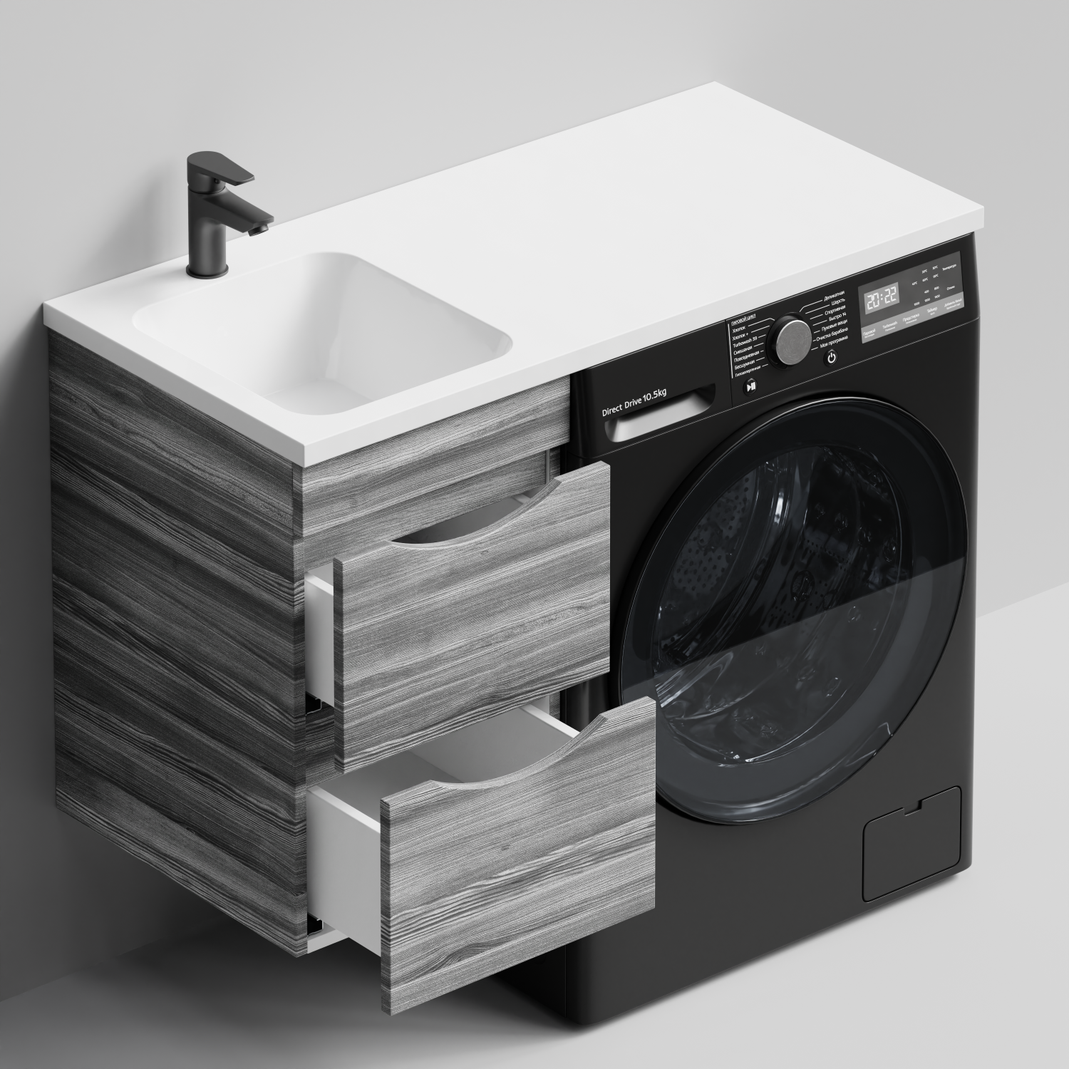 Тумба Vod-ok 38 с раковиной Смайл 100 подвесная, под стиральную машину, левая, Лиственница структурная контрастно-серая