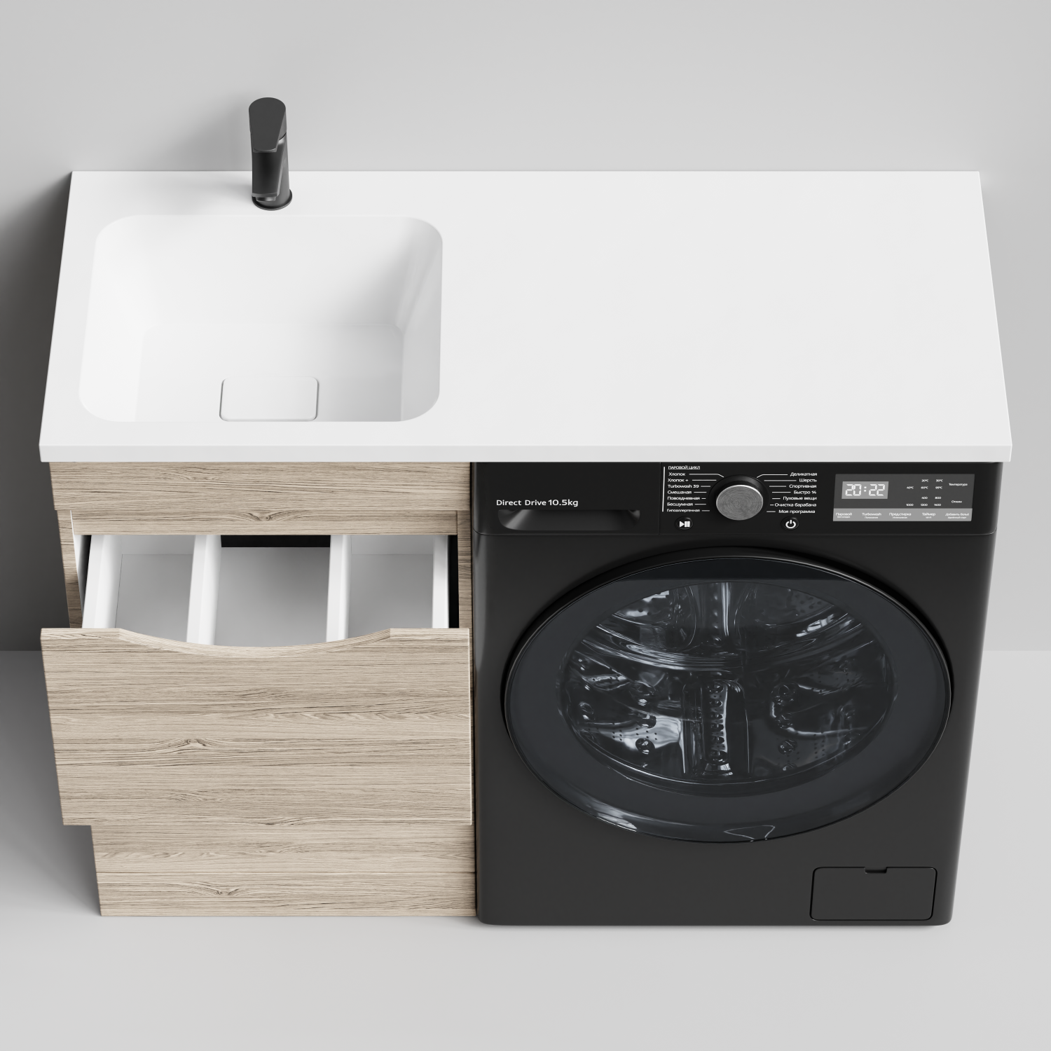 Тумба Vod-ok 48 с раковиной Смайл 110 напольная, под стиральную машину, левая, Дубослив ореховый светлый