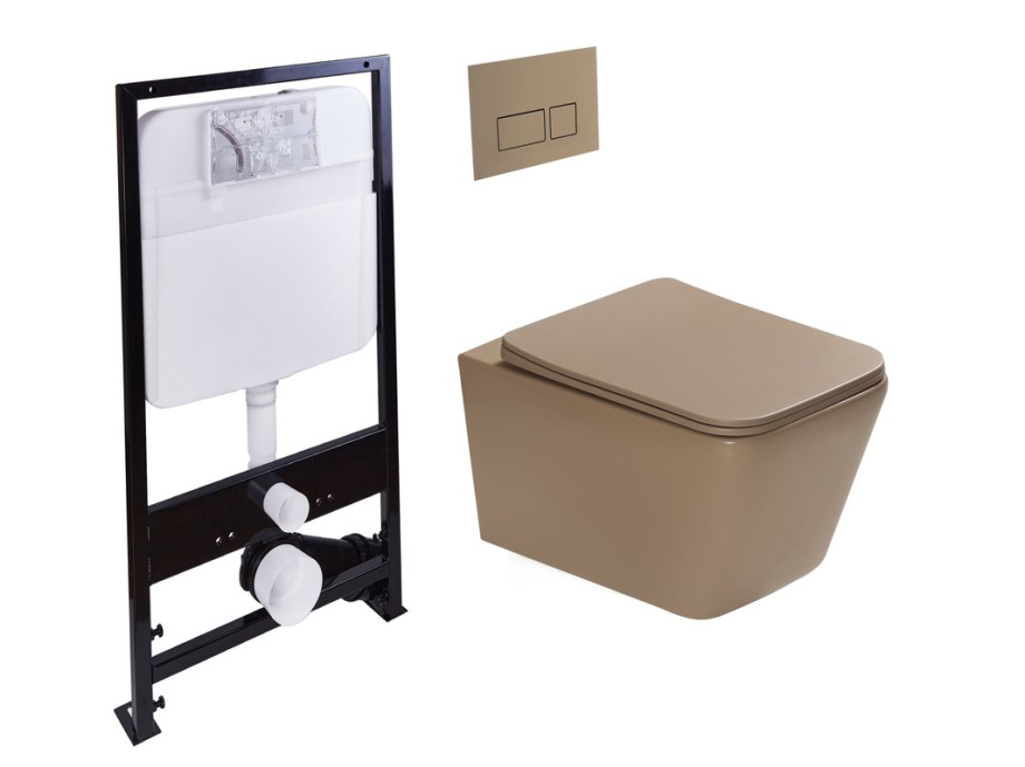 Унитаз подвесной SantiLine SL-5007KH+SL-01/KH с инсталляцией и кнопкой, светло-коричневый матовый