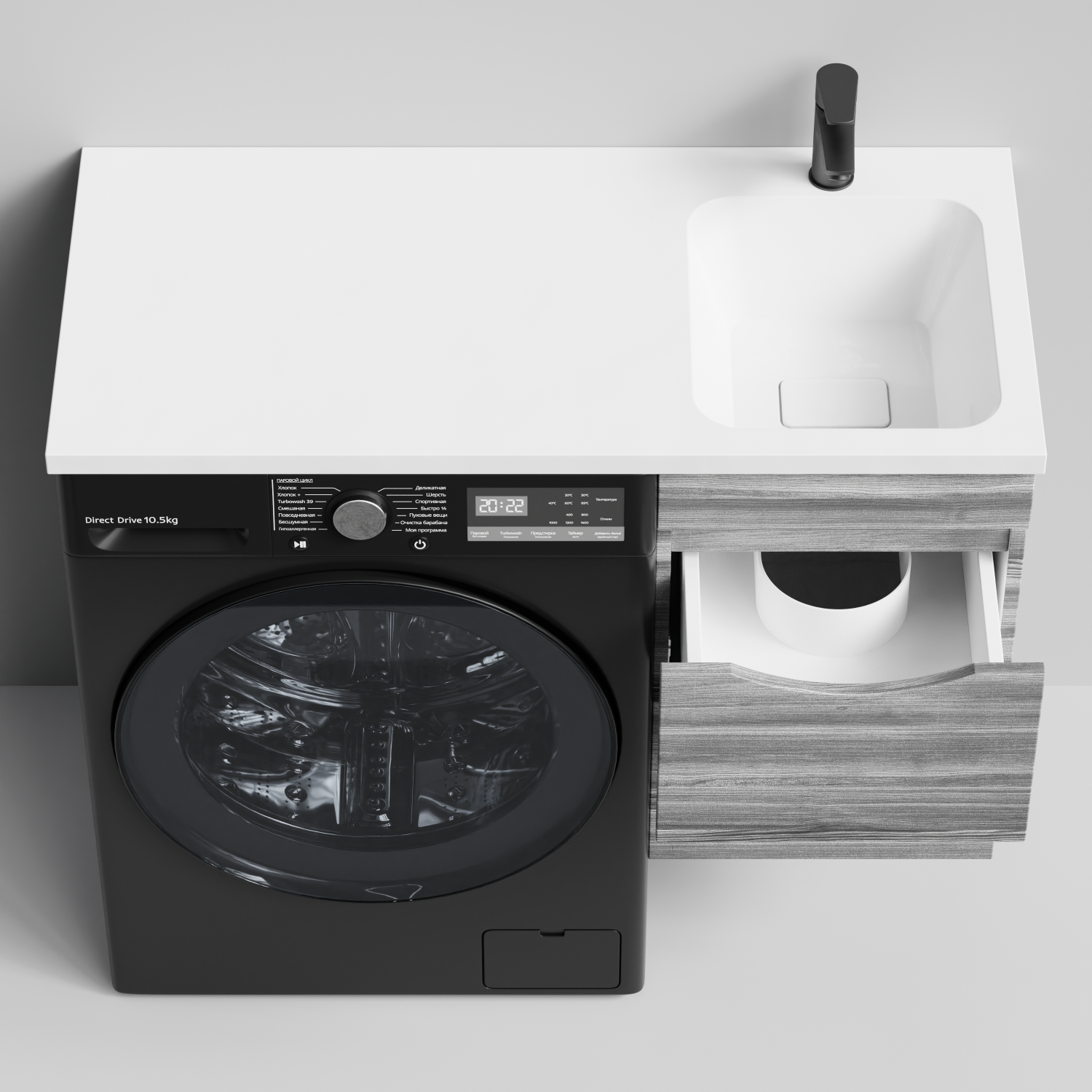 Тумба Vod-ok 38 с раковиной Смайл 100 подвесная, под стиральную машину, правая, Лиственница структурная контрастно-серая