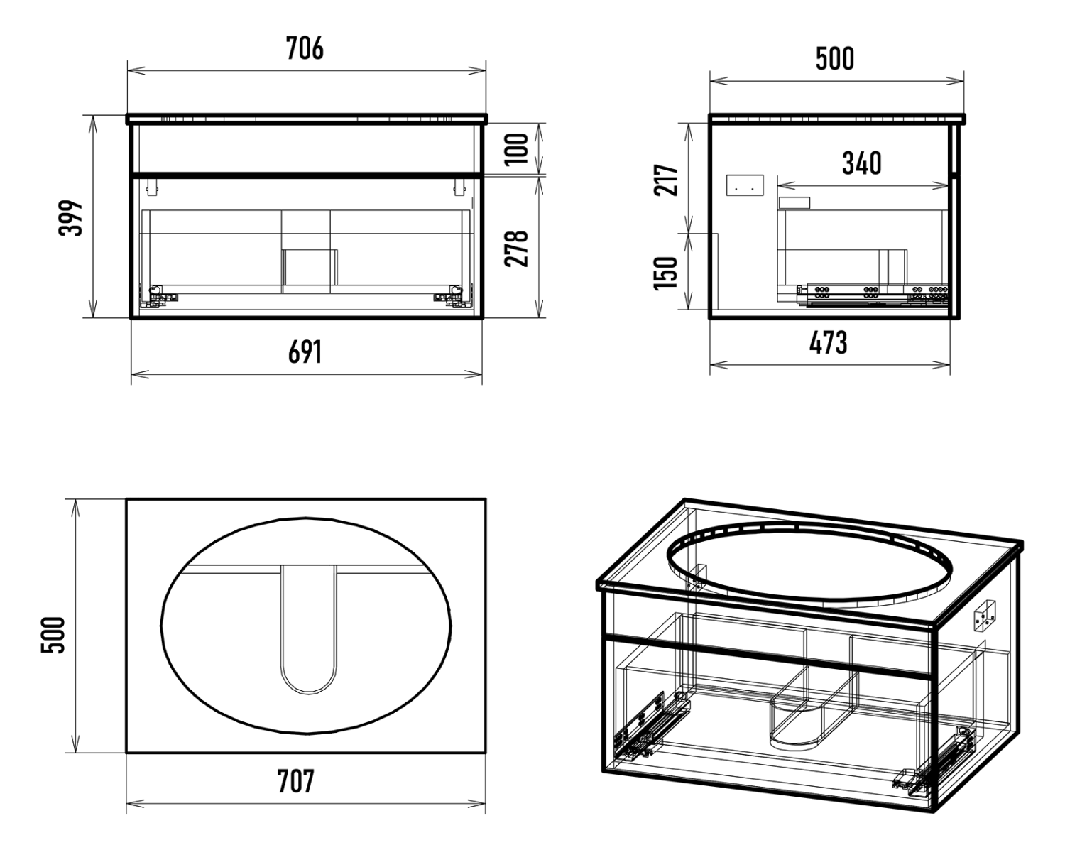 Тумба с раковиной Brevita Enfida 70 подвесная, черный