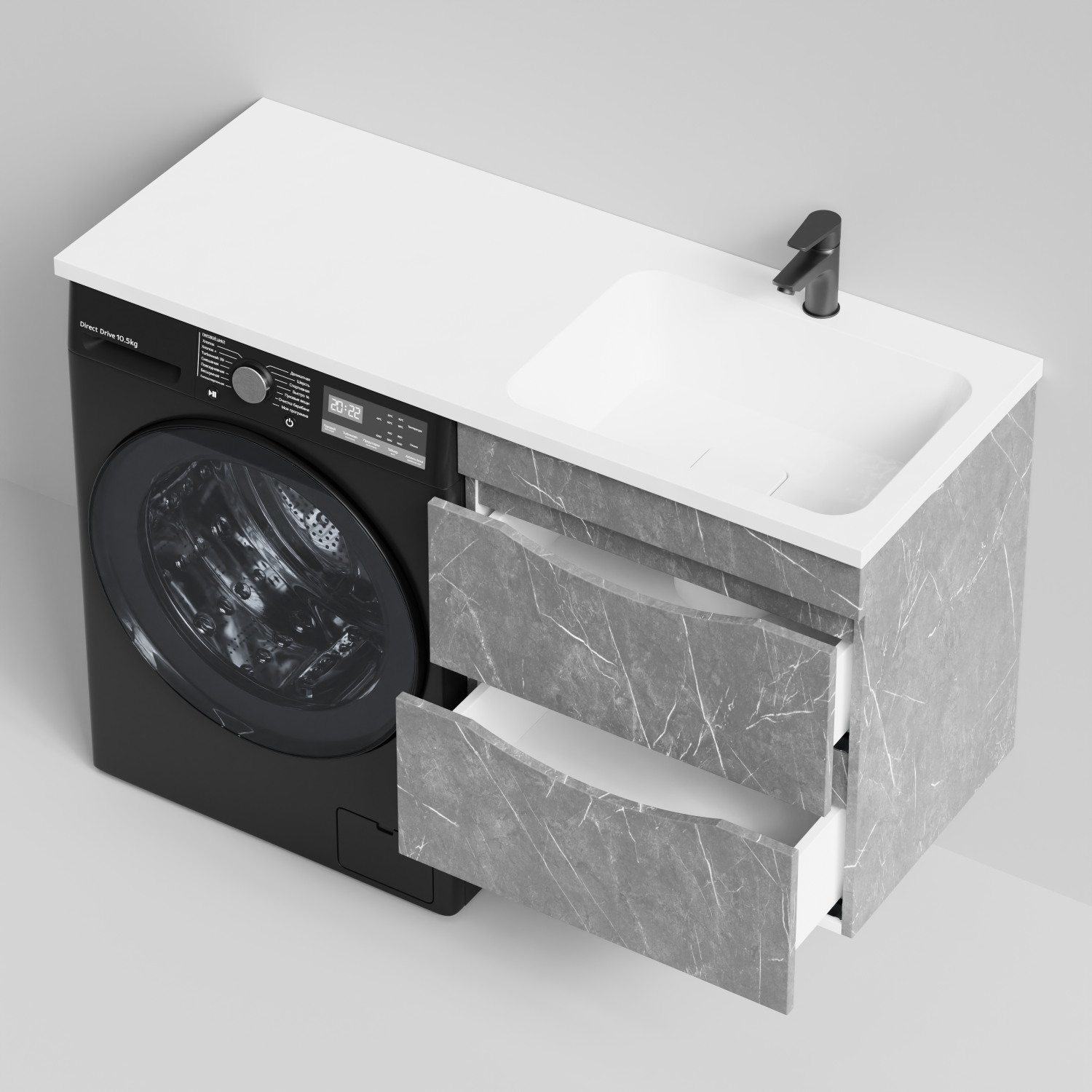 Тумба Vod-ok 58 с раковиной Смайл 120 подвесная, под стиральную машину, правая, Мрамор Серый софт тач