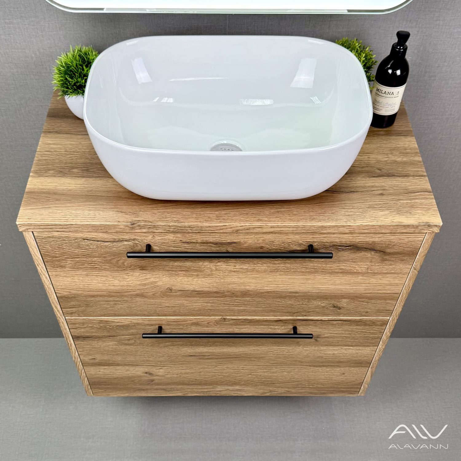 Тумба подвесная Alavann Rondo 80 с раковиной Moduo 50 SQUARE, дуб