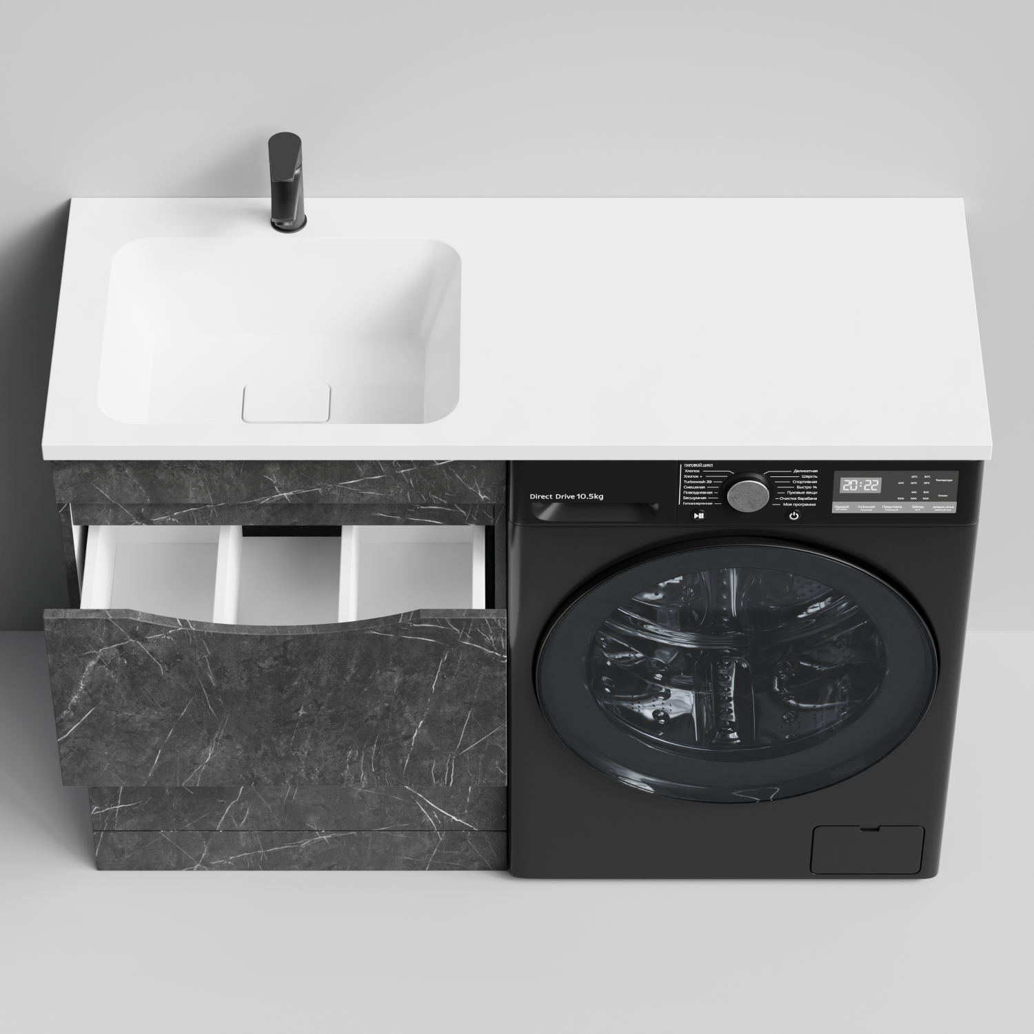 Тумба Vod-ok 58 с раковиной Смайл 120 напольная, под стиральную машину, левая, Мрамор Графит софт тач