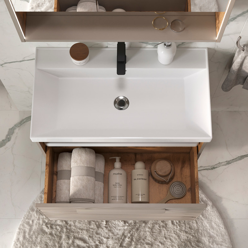 Тумба с раковиной EQUIL Gleam 80 подвесная, один ящик, амарок/дуб вотан