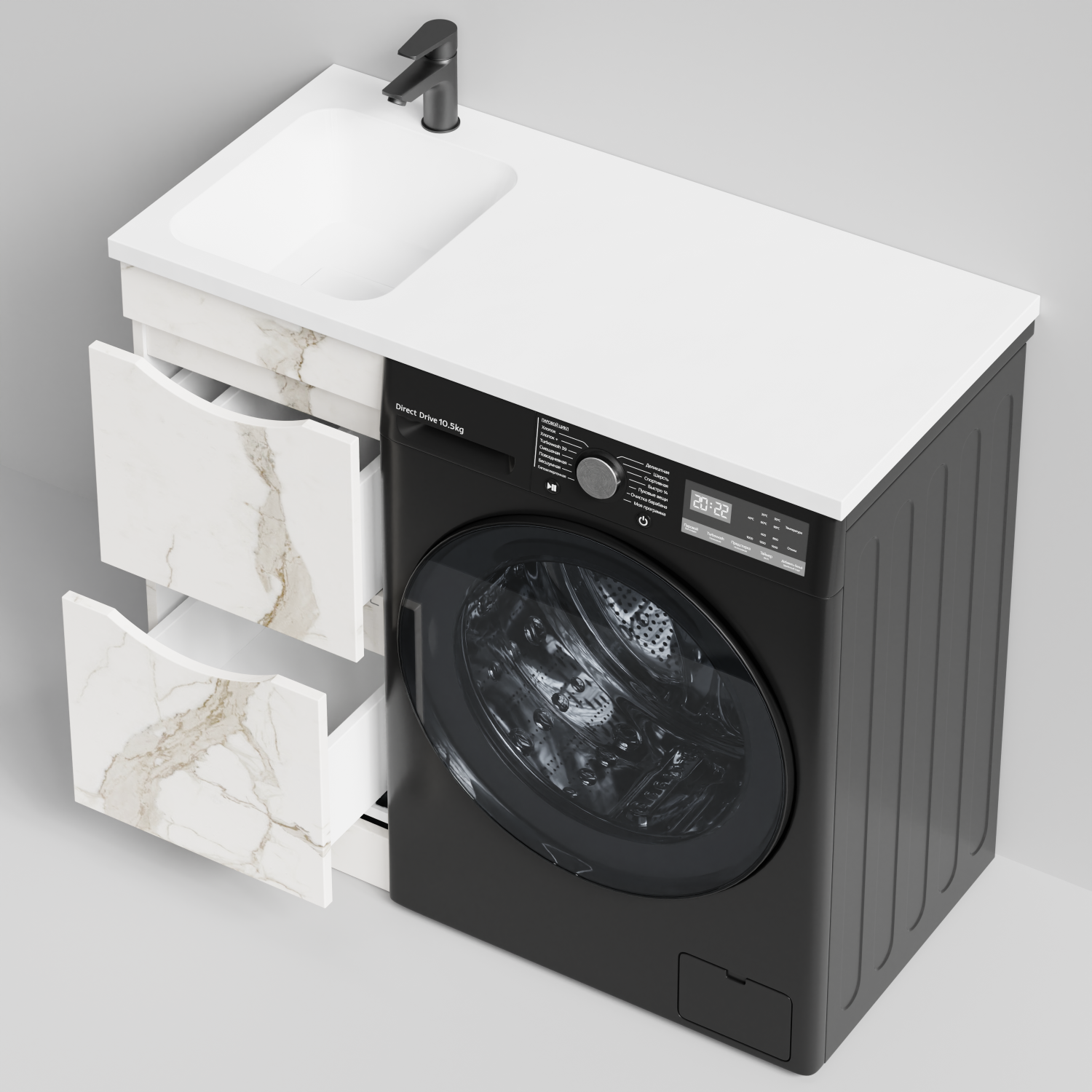 Тумба Vod-ok 38 с раковиной Смайл 100 напольная, под стиральную машину, левая, Мрамор Белый натур милк