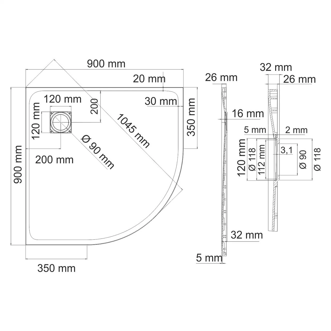 Поддон для душа WasserKraft Leine 35T01 90х90 полукруглый, из стеклопластика, белый