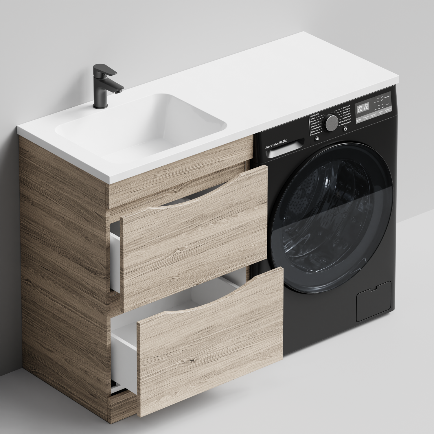 Тумба Vod-ok 58 с раковиной Смайл 120 напольная, под стиральную машину, левая, Дубослив ореховый светлый