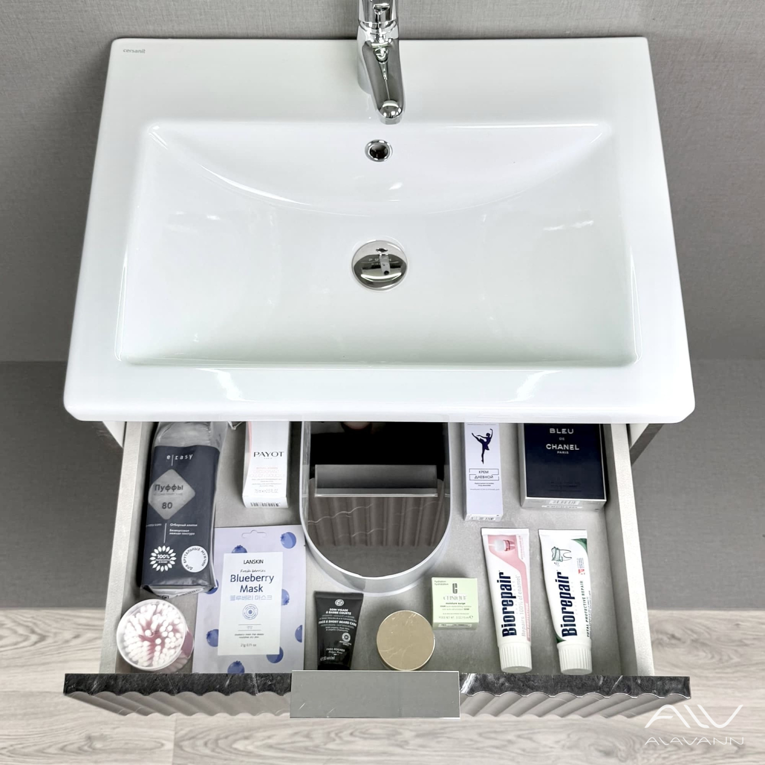 Тумба подвесная Alavann Anna 60 с раковиной Como 60, черный мрамор