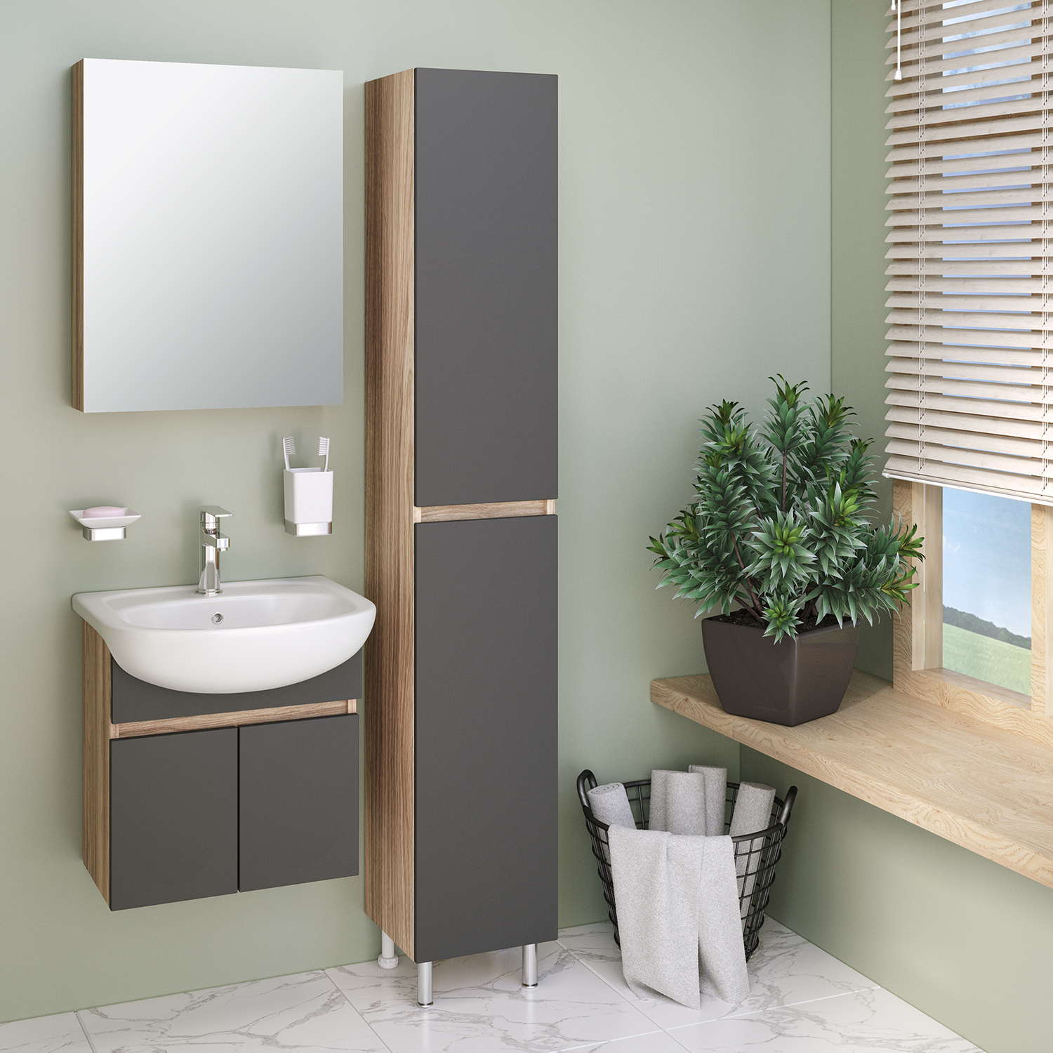 Тумба подвесная Runo Лада 50 с раковиной Уют 50, графит/дуб серый