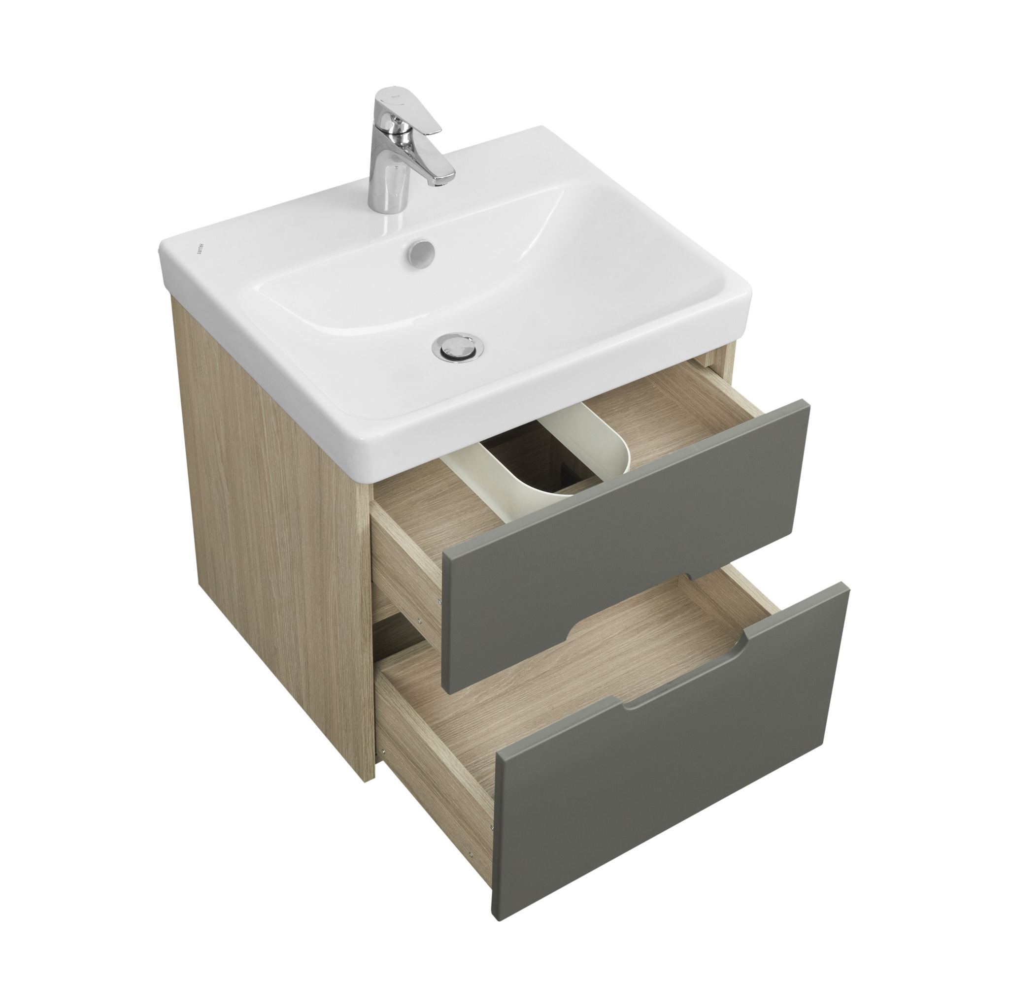 Тумба Aquaton Оливия 55 с раковиной Адриана 55 подвесная, 2 ящика, грей, дуб ойстер