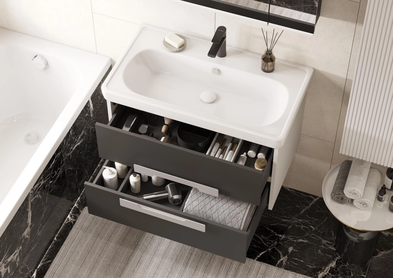 Тумба подвесная Aquaton Ар-Деко 65 с раковиной Нео 65, 2 ящика, серый кобальт