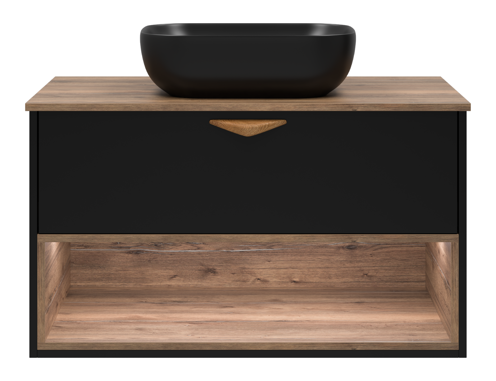 Тумба с раковиной Brevita Bergen 90 с подсветкой подвесная, черный/дуб галифакс