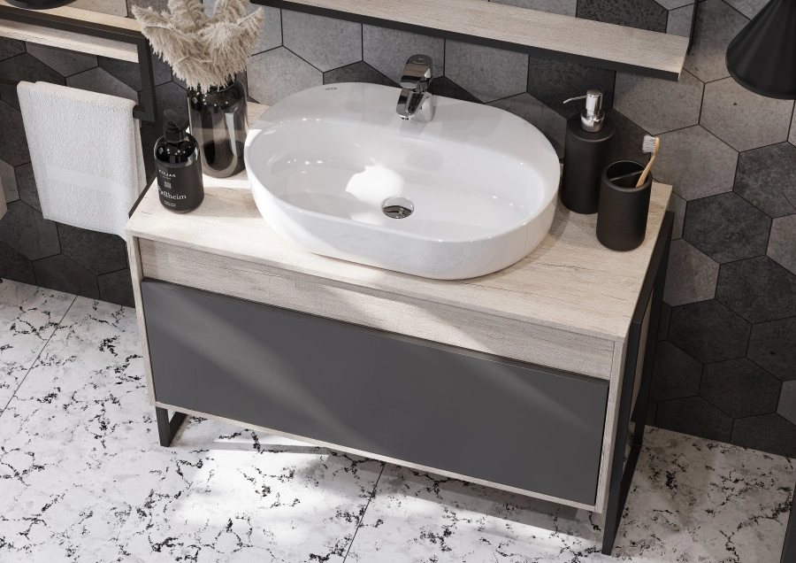 Тумба подвесная Aquaton Лофт Урбан 100 с раковиной Одри 42x62 Round, серый графит, дуб орегон