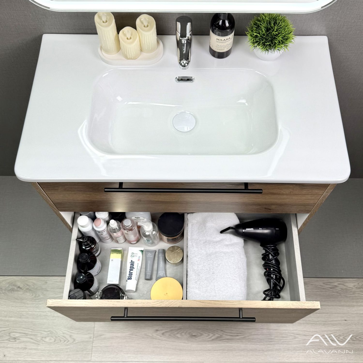 Тумба подвесная Alavann Rondo 80 с раковиной Rado 80, дуб