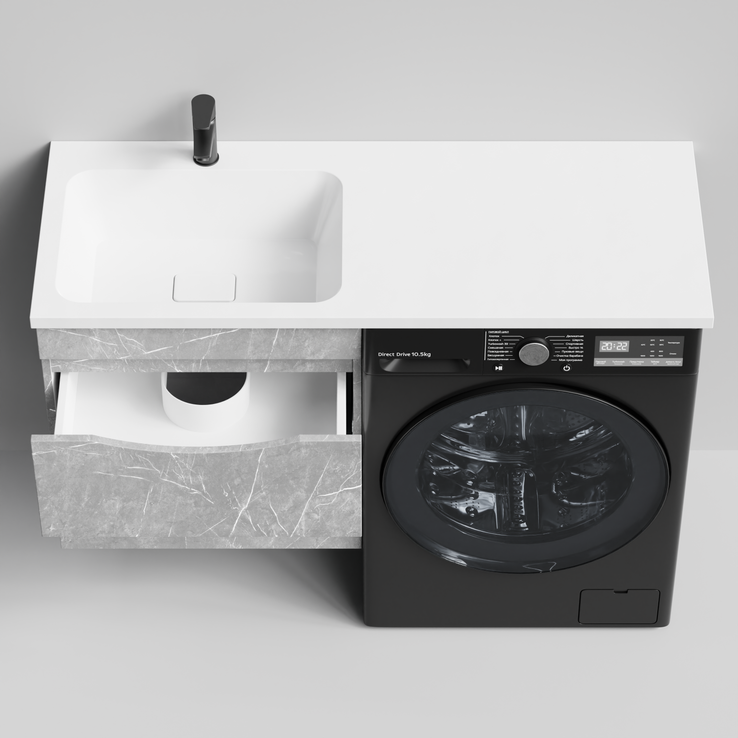 Тумба Vod-ok 58 с раковиной Смайл 120 подвесная, под стиральную машину, левая, Мрамор Белый софт тач