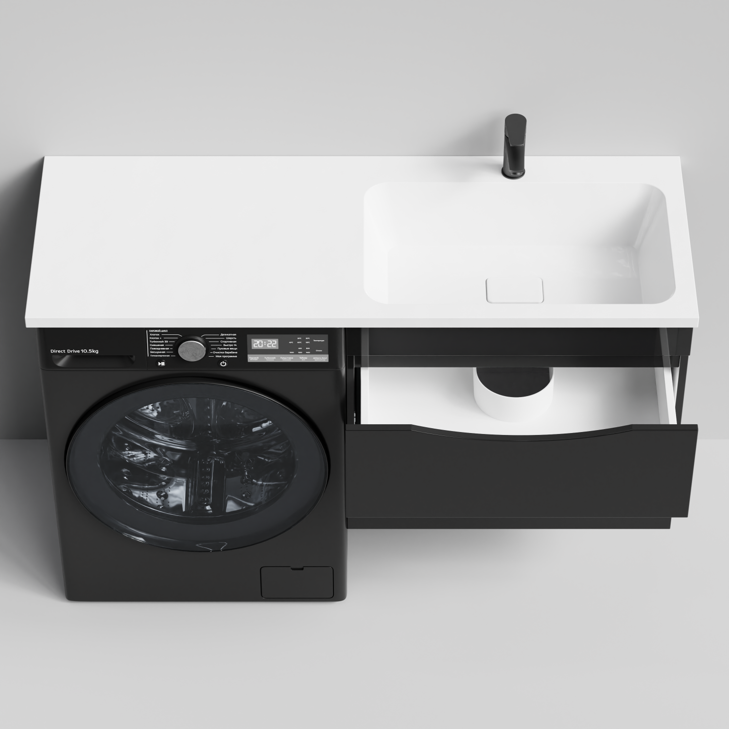 Тумба Vod-ok 68 с раковиной Смайл 130 подвесная, под стиральную машину, правая, черный глянец