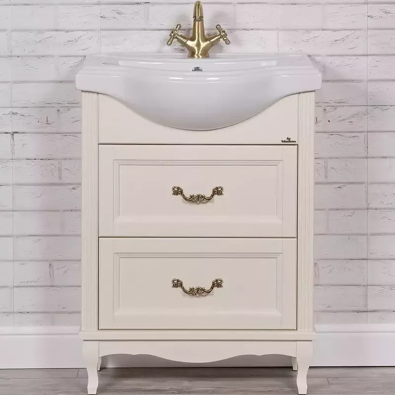 Тумба напольная ValenHouse Эллина 65/2 с раковиной Классик 65, 2 ящика, слоновая кость, бронза