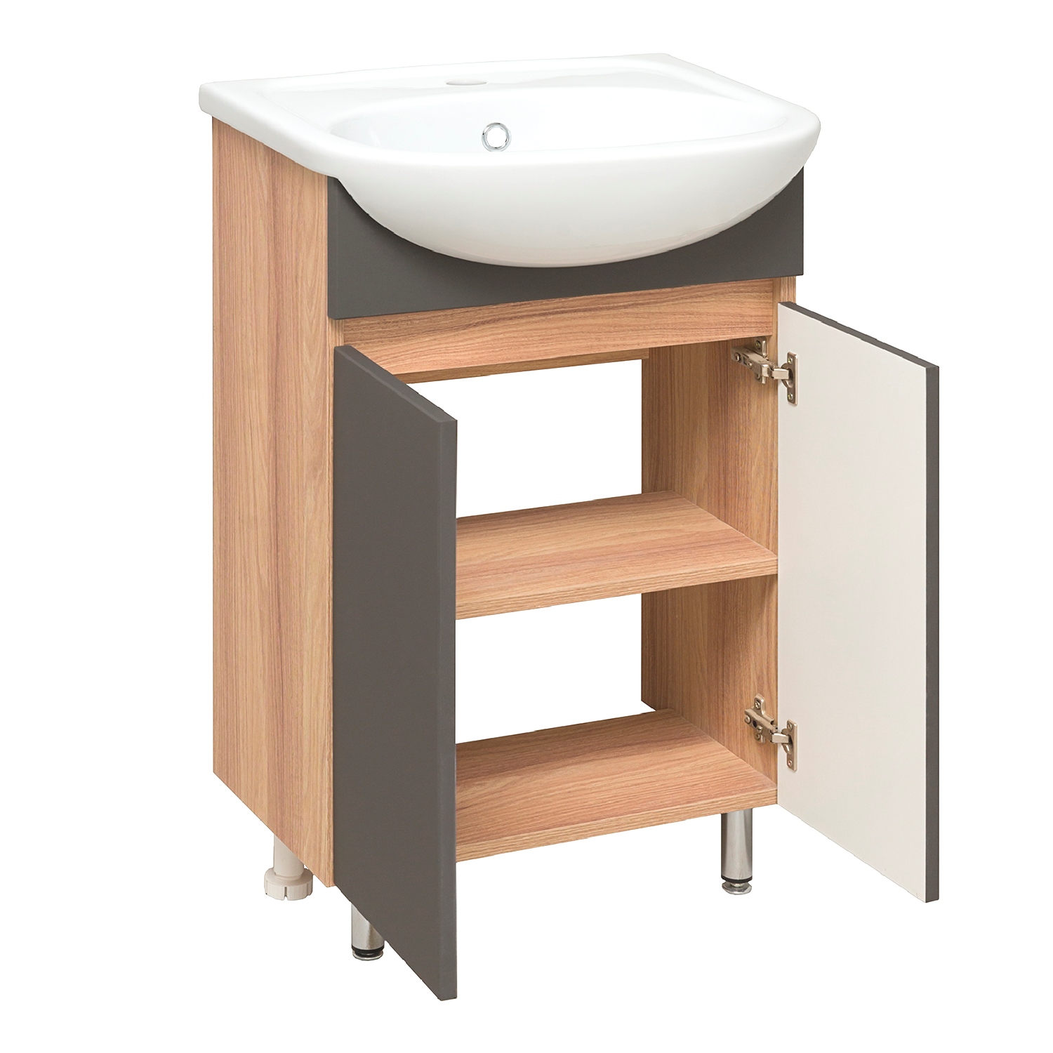 Тумба напольная Runo Лада 50 с раковиной Уют 50, графит/дуб серый