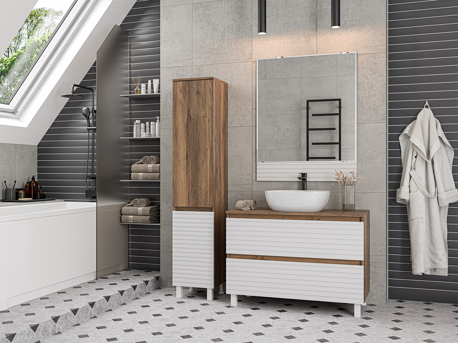 Пенал Brevita Dakota 35 напольный/подвесной, L, белый/дуб галифакс олово