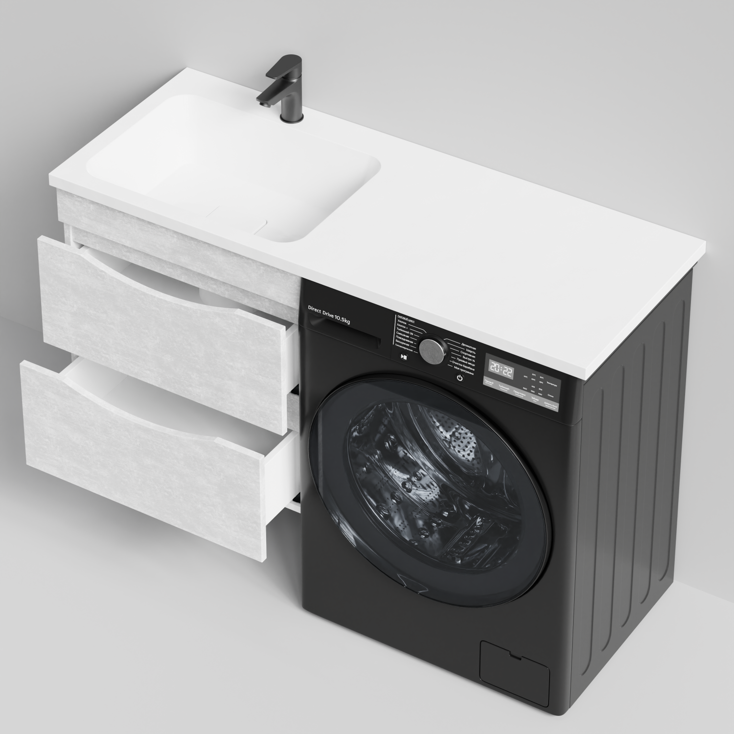 Тумба Vod-ok 58 с раковиной Смайл 120 подвесная, под стиральную машину, левая, Белый камень