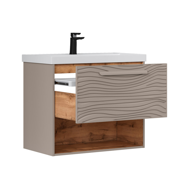 Тумба с раковиной EQUIL Gleam 80 подвесная, один ящик, амарок/дуб вотан