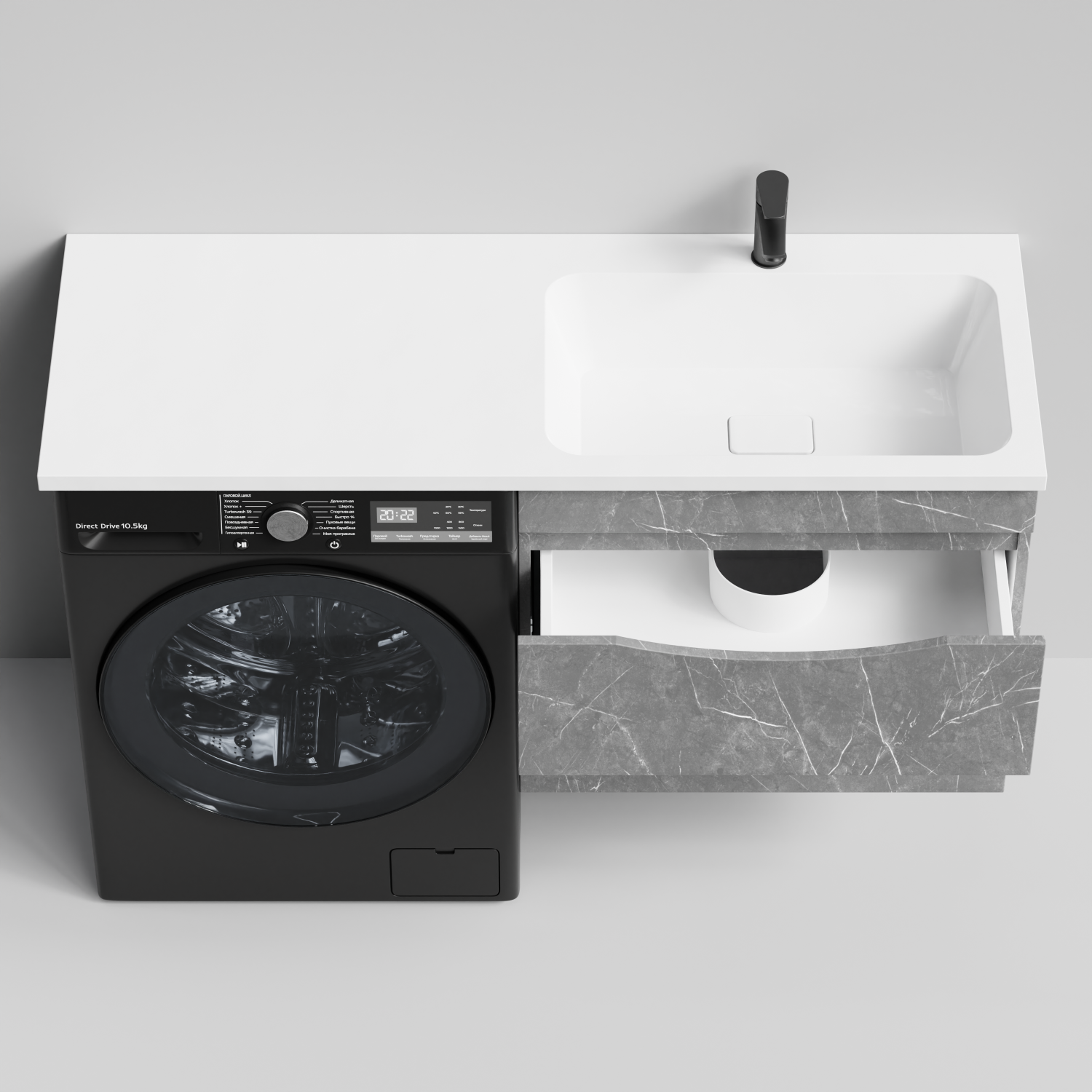 Тумба Vod-ok 68 с раковиной Смайл 130 подвесная, под стиральную машину, правая, Мрамор Серый софт тач