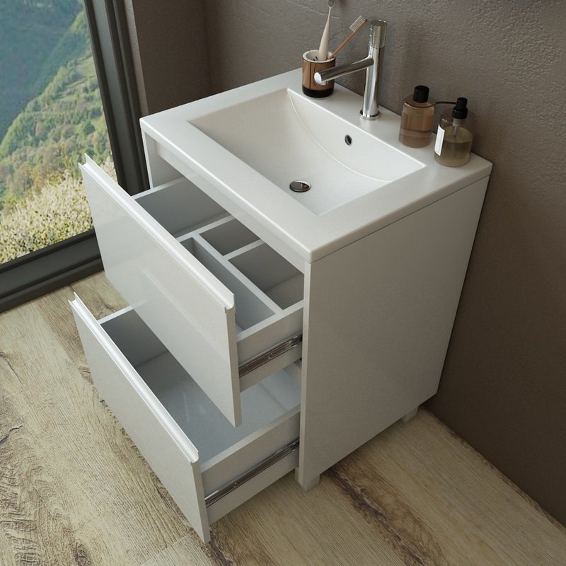 Тумба с раковиной Emmy Вега 60 напольная, 2 ящика, белый