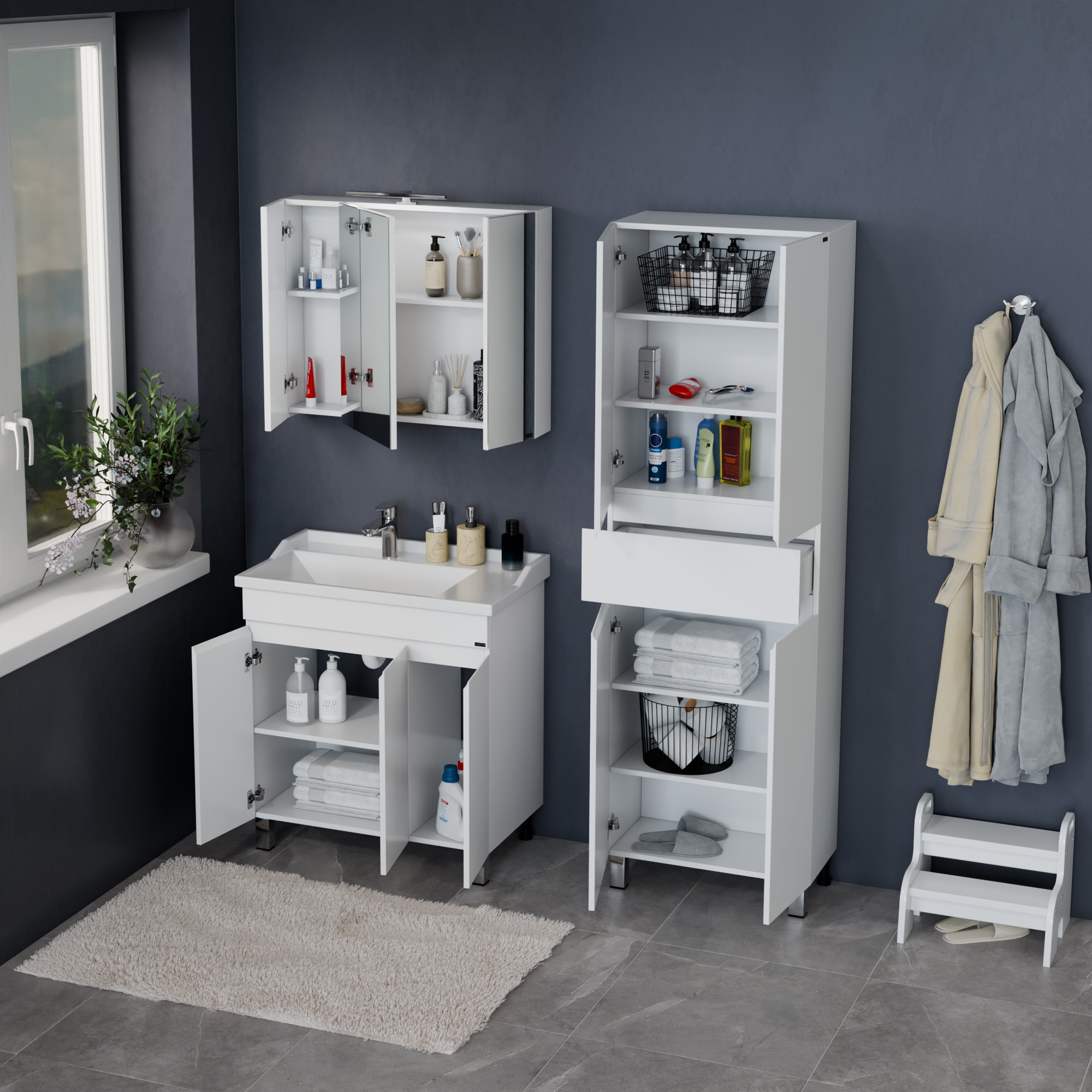 Тумба напольная Санта Марс 80 с раковиной Сириус 80, 3 двери, белый