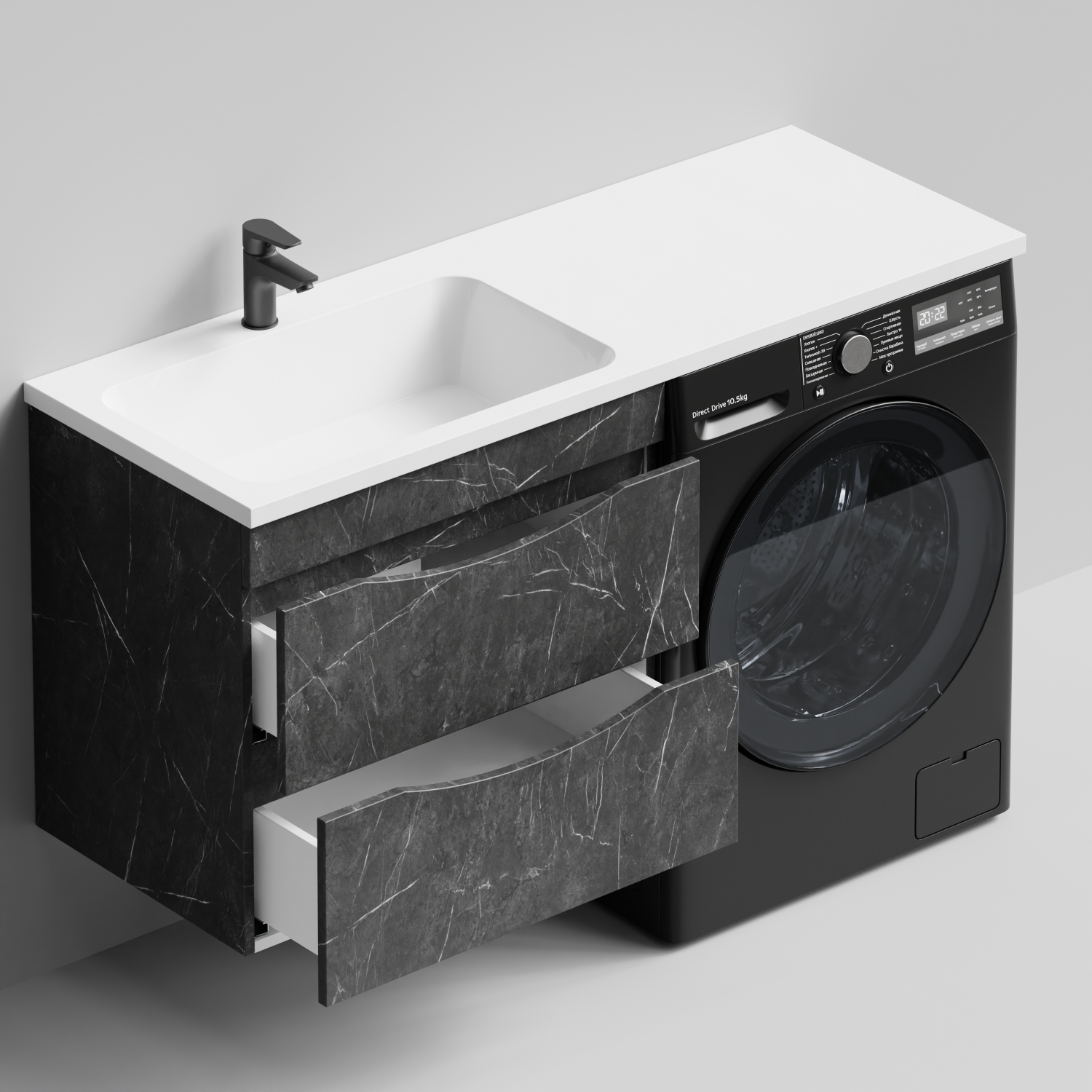 Тумба Vod-ok 68 с раковиной Смайл 130 подвесная, под стиральную машину, левая, Мрамор Графит софт тач