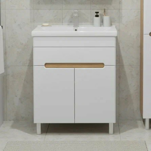 Тумба напольная SanStar Модена 70 с раковиной Миранда 70 белая, дуб вотан