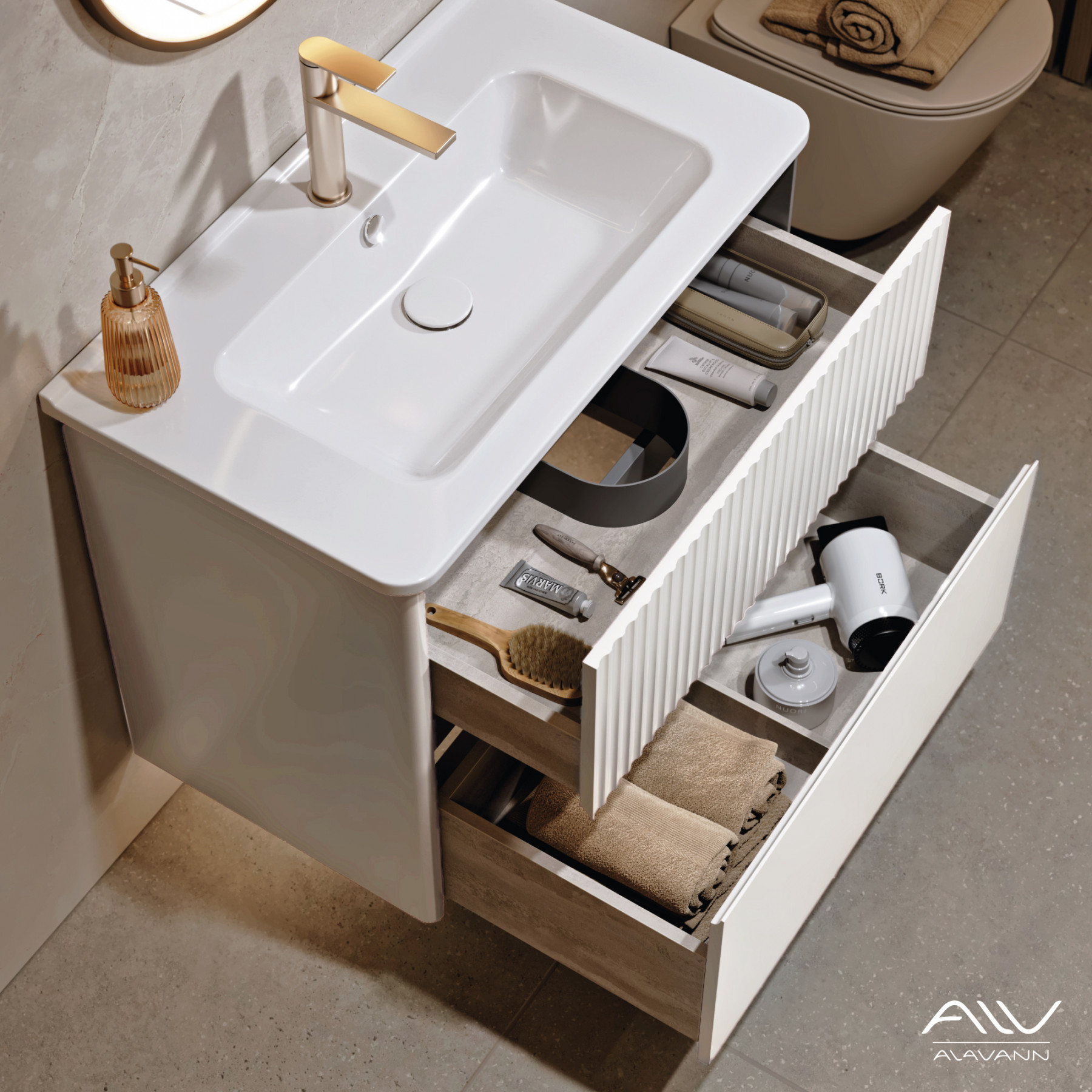 Тумба подвесная Alavann Wave 80 с раковиной Nikson 80, белый