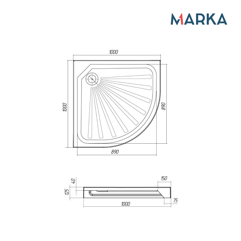 Поддон 1Marka Tondo 1/4 100*100 комплект с сифоном
