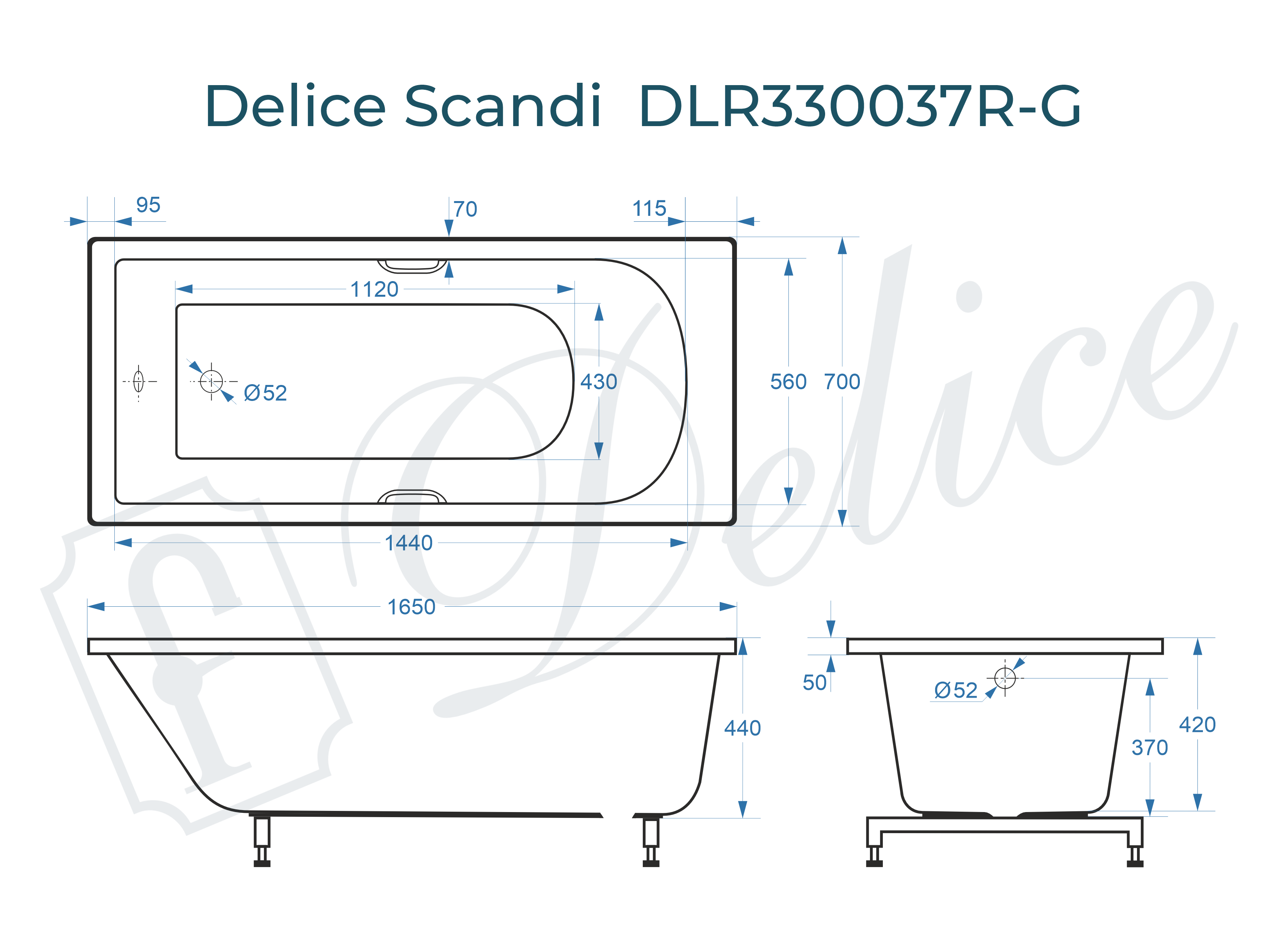 Ванна из литьевого мрамора Delice Scandi 165х70 глянцевая с ручками Хром DLR330037R-G