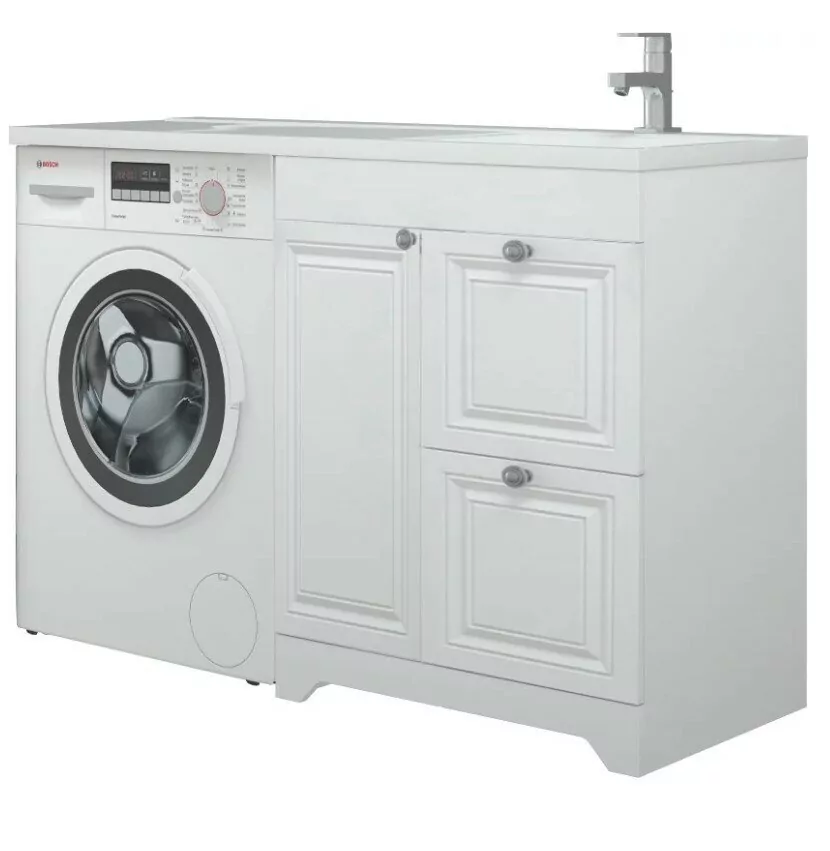 Тумба напольная Corozo Леон 68 с раковиной Мадлен 130 R под стиральную машину, белая