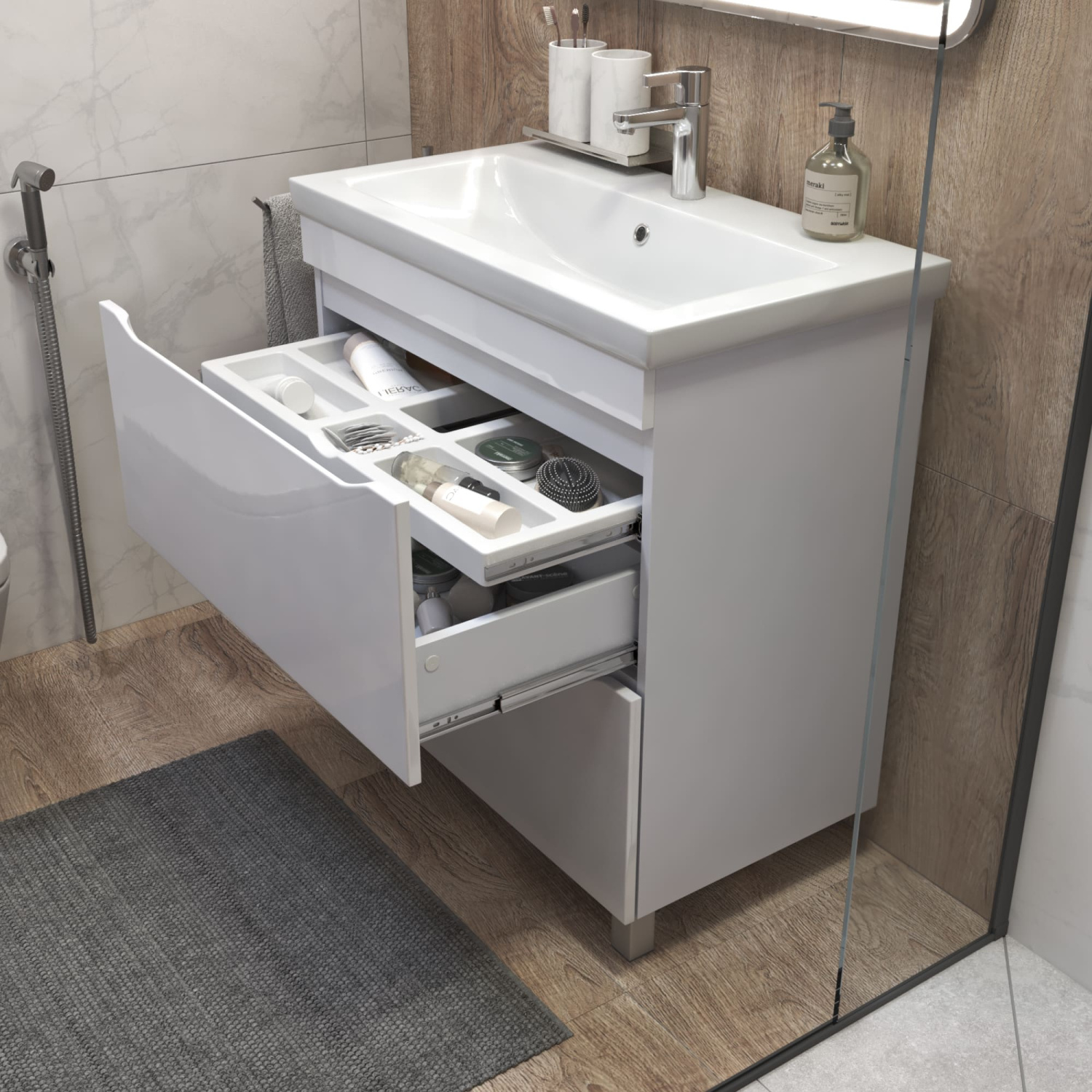 Тумба напольная Vigo Grani 800-0-2 с раковиной Como 80, 2 ящика, белый