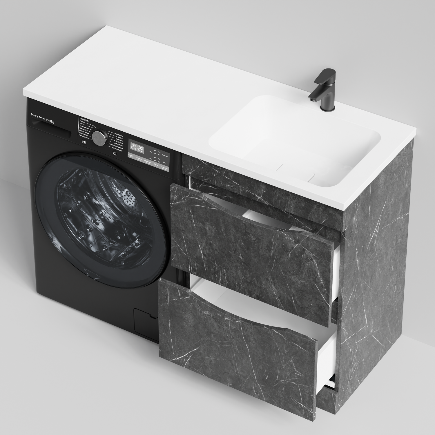 Тумба Vod-ok 58 с раковиной Смайл 120 напольная, под стиральную машину, правая, Мрамор Графит софт тач