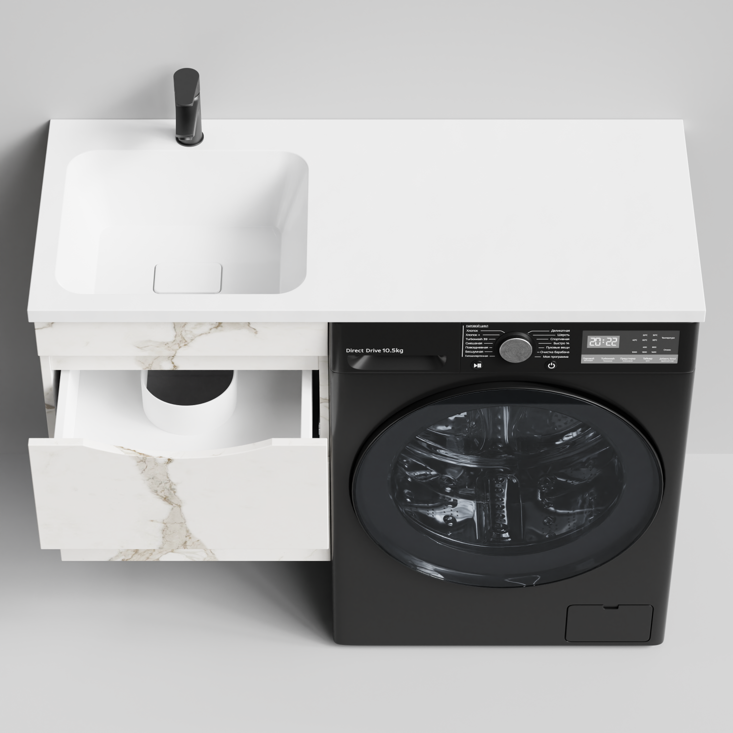 Тумба Vod-ok 48 с раковиной Смайл 110 подвесная, под стиральную машину, левая, Мрамор Белый натур милк