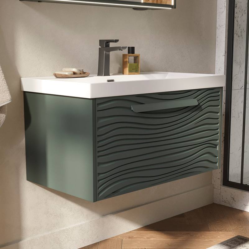 Тумба с раковиной EQUIL Gleam 80 подвесная, 1 ящик, зеленый камень/дуб вотан