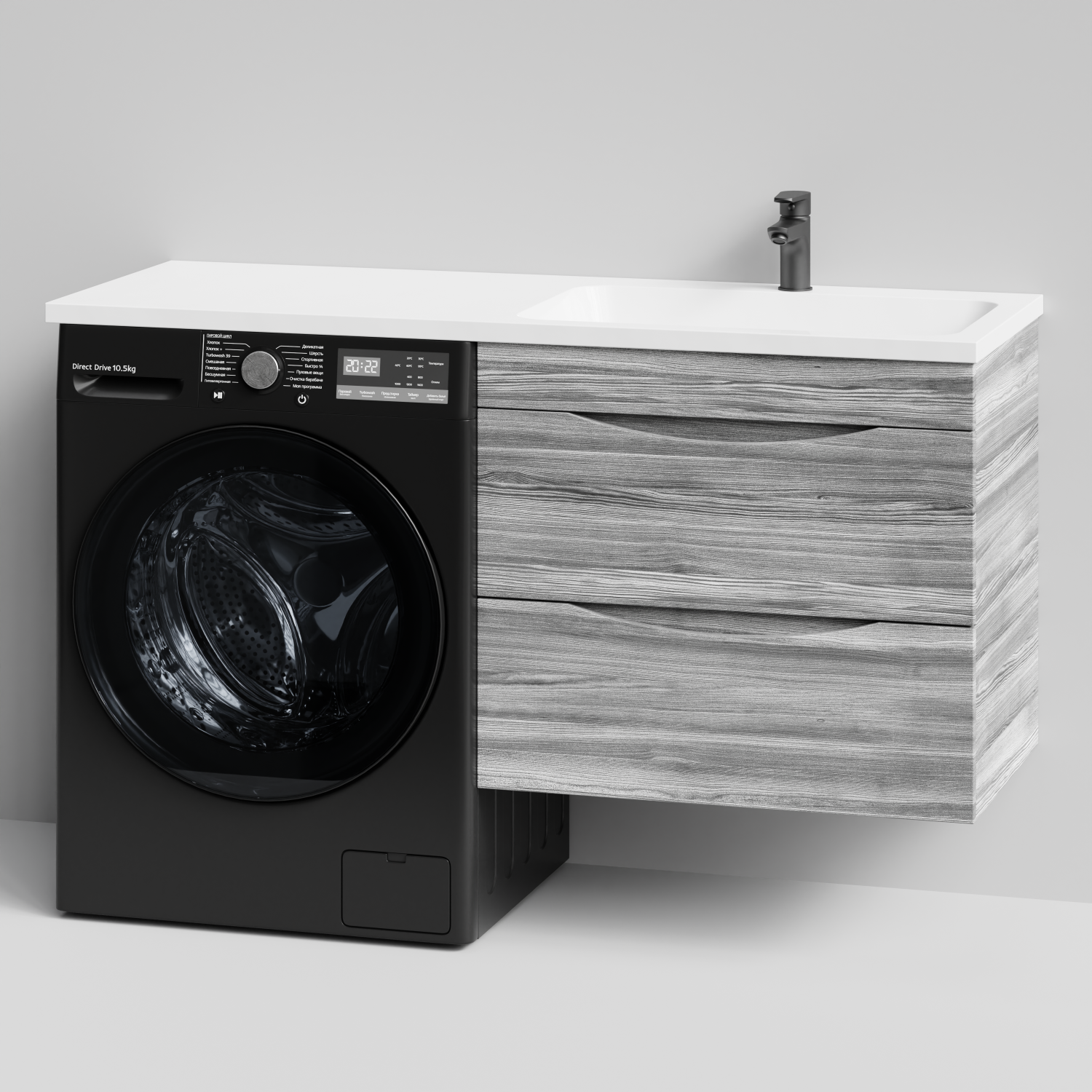 Тумба Vod-ok 68 с раковиной Смайл 130 подвесная, под стиральную машину, правая, Лиственница структурная контрастно-серая