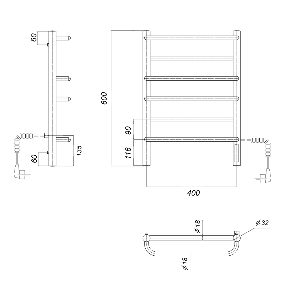 Полотенцесушитель электрический Domoterm DMT Орфей П6 400x600 EK R хром